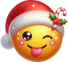 A smiling emoji in a Santa hat with a candy cane and holly.