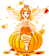 Fairy sitting on a pumpkin with autumn decorations around