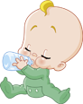 Cartoon baby in green onesie drinking milk