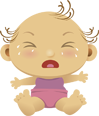 Illustration of a crying baby with a pink bib and tears on its face