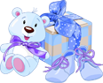 A cartoon teddy bear with a purple ribbon next to a wrapped gift and baby shoes