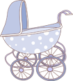 Illustration of a vintage baby stroller with blue and white polka dots