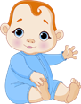 Cartoon baby in blue onesie holding a thermometer