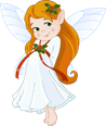 Cartoon fairy with long red hair and white dress decorated with holly