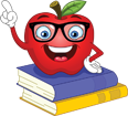 A smiling red apple with glasses and a green leaf on its head, sitting on two stacked books.