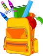 A yellow backpack filled with school supplies