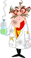 Cartoon mad scientist with a beaker and test tube