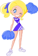 Blonde cartoon cheerleader with blue eyes and a purple cheerleading uniform holding blue pom-poms.