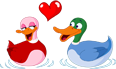 Two cartoon ducks, a red one and a green one, with a heart above them