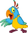 A cartoon parrot with blue and yellow feathers and an open beak