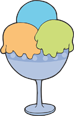 A cartoon sundae with orange, green, and blue scoops in a light blue glass.