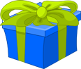 A blue gift box with a green ribbon tied into a bow