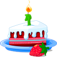A cartoon image of a strawberry layer cake with white icing and a lit candle.