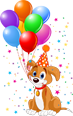 Cartoon puppy wearing a party hat and surrounded by balloons and confetti