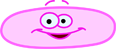 A cartoon face with large eyes and a wide smile on a pink background.