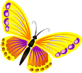Stylized butterfly with orange and purple wings on yellow background