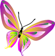 A stylized butterfly with pink and green wings on a purple background