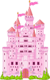 Stylized pink castle with multiple towers and greenery