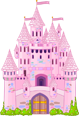 A cartoon pink castle with multiple towers and a large arched doorway.