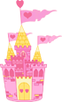 Illustration of a fairy tale castle with hearts and pastel colors