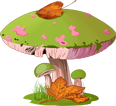 Large green mushroom with pink spots and smaller mushrooms