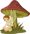 Cartoon fairy sitting by a mushroom