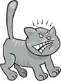 An illustrated gray cat with an aggressive facial expression