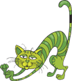 A cartoon green striped cat with a long tail and playful expression