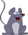 A gray cartoon mouse with a white belly and blue eyes eating cheese.