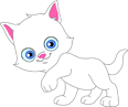 Illustration of a white cartoon kitten with blue eyes and pink inner ears