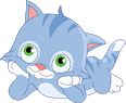 A cartoon blue cat with green eyes and white paws