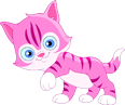 A cartoon cat with pink fur, blue eyes, and white paws.