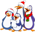 Four cartoon penguins in festive attire singing together