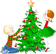 Children decorating a Christmas tree with ornaments and a star