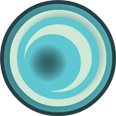 A circular spiral design in blue and white hues