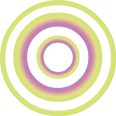 A circular design with neon green, purple, and pink colors