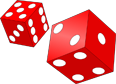 Two red dice with white dots against a black background