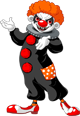 Creepy clown character with orange hair and red nose