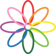 A stylized abstract flower with multicolored petals against a rainbow background