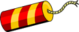 A cartoon firework with red and yellow stripes and a lit fuse.