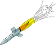 A cartoon rocket with flames and smoke, flying upwards