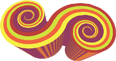 Abstract design with swirling yellow and purple shapes on a red and yellow background