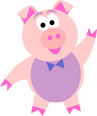 A cartoon pig with a purple body and blue bow tie