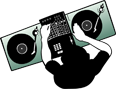 Illustration of a DJ setup with two turntables and a mixer