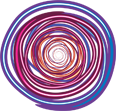 A colorful spiral design with neon accents on a purple background