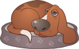 Cartoon illustration of a brown dog sleeping on a grey dog bed