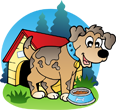 Cartoon dog with blue collar standing by doghouse and food bowl