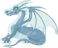 Illustration of a dragon with blue and white scales and large, translucent wings.