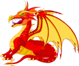 A red dragon with yellow wings in a stylized, abstract environment