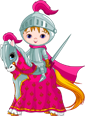 Cartoon child in knight armor with pink dress and sword